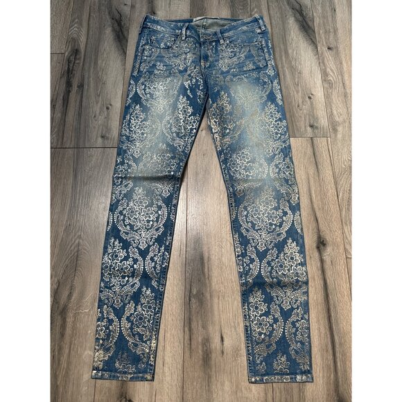 Hollister Juniors 7 Regular (28) Gold Foil Demask Flower Print Low Rise Slim Jea - Picture 4 of 9